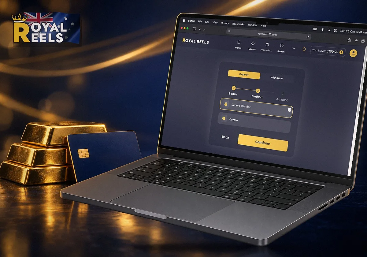 The Royal Reels cashier in Safari on a MacBook: Deposit and Withdraw tabs, with Secure Cashier and Crypto as the deposit methods