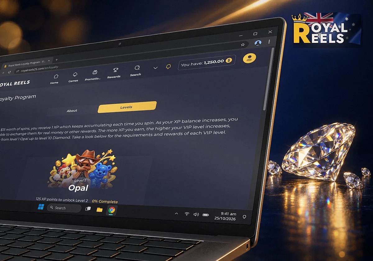 The Royal Reels Loyalty Program Levels tab in Chrome on a Windows laptop, from level 1 Opal up to level 10 Diamond, next to a large diamond